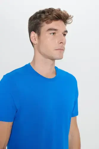 Erkek Saks Mavi %100 Pamuk Slim Fit Dar Kesim Bisiklet Yaka Basic Tişört-Saks Mavi - AC&CO / ALTINYILDIZ CLASSICS (1)