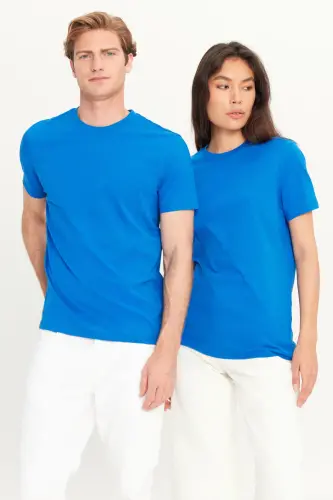 Erkek Saks Mavi %100 Pamuk Slim Fit Dar Kesim Bisiklet Yaka Basic Tişört-Saks Mavi - AC&CO / ALTINYILDIZ CLASSICS (1)
