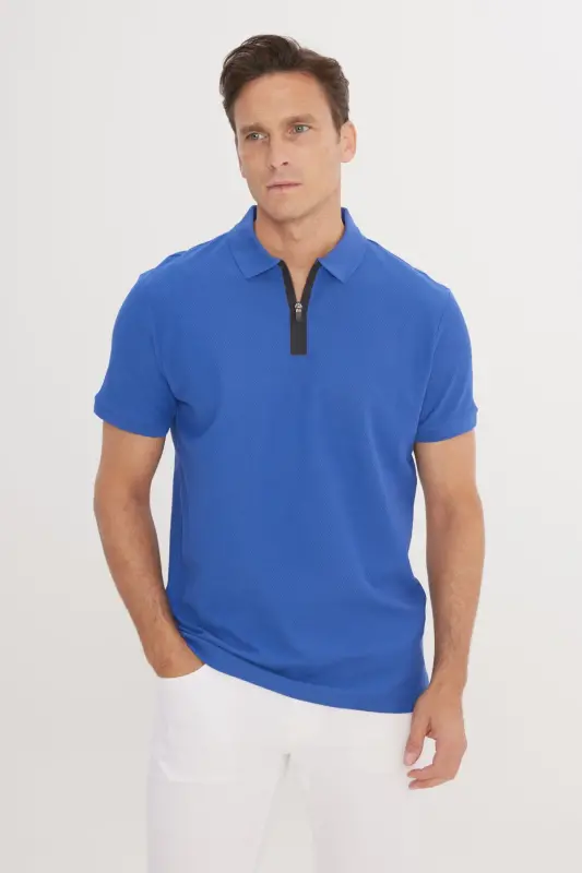 Erkek Saks Mavi Slim Fit Dar Kesim Polo Yaka %100 Pamuk Petek Desenli Kısa Kollu Tişört-Saks Mavi - ALTINYILDIZ CLASSICS
