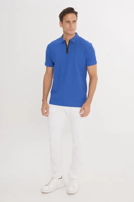 Erkek Saks Mavi Slim Fit Dar Kesim Polo Yaka %100 Pamuk Petek Desenli Kısa Kollu Tişört-Saks Mavi - 2