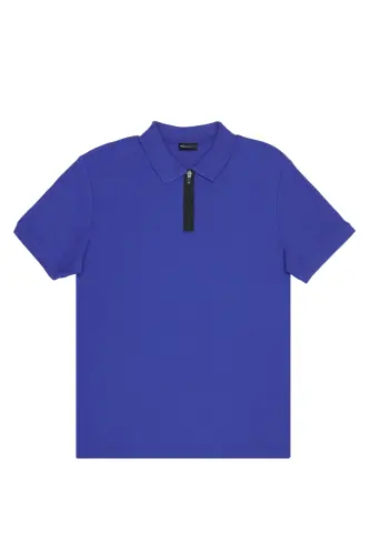 Erkek Saks Mavi Slim Fit Dar Kesim Polo Yaka %100 Pamuk Petek Desenli Kısa Kollu Tişört-Saks Mavi - 6