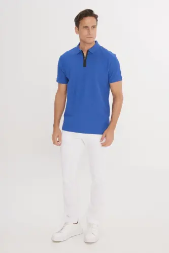 Erkek Saks Mavi Slim Fit Dar Kesim Polo Yaka %100 Pamuk Petek Desenli Kısa Kollu Tişört-Saks Mavi - ALTINYILDIZ CLASSICS (1)