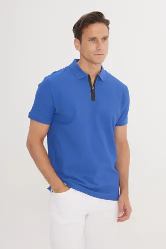 Erkek Saks Mavi Slim Fit Dar Kesim Polo Yaka %100 Pamuk Petek Desenli Kısa Kollu Tişört-Saks Mavi - 3