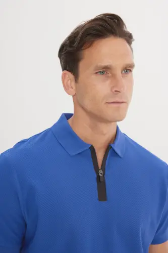 Erkek Saks Mavi Slim Fit Dar Kesim Polo Yaka %100 Pamuk Petek Desenli Kısa Kollu Tişört-Saks Mavi - 4