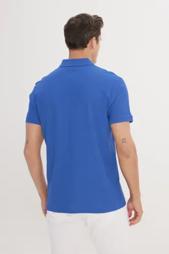 Erkek Saks Mavi Slim Fit Dar Kesim Polo Yaka %100 Pamuk Petek Desenli Kısa Kollu Tişört-Saks Mavi - 5