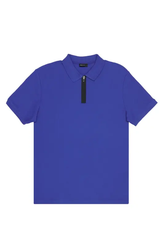 Erkek Saks Mavi Slim Fit Dar Kesim Polo Yaka %100 Pamuk Petek Desenli Kısa Kollu Tişört-Saks Mavi - 6