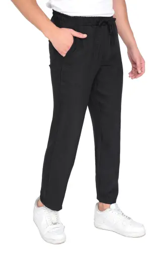 Erkek Salaş Pamuklu Slouchy Fit Basic Beli Lastikli Yüksek Bel Ince Yazlık Rahat Bilek Boy Pantolon-Siyah Erkek Pantolon - 1