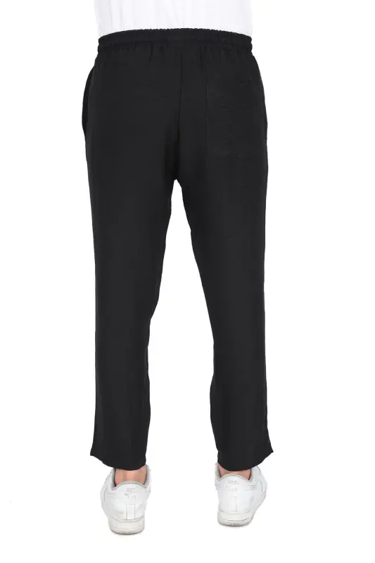 Erkek Salaş Pamuklu Slouchy Fit Basic Beli Lastikli Yüksek Bel Ince Yazlık Rahat Bilek Boy Pantolon-Siyah Erkek Pantolon - 2