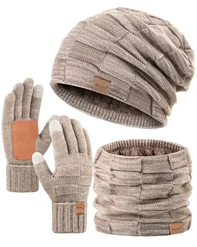 Mens Hat Scarf and Gloves Set Winter, Thick Thermal Fleece Lined Slouchy Beanie Neck Warmer Scarves Touchscreen Gloves, 3 in 1 Warm Set for Cold Weather(Khaki) - 1