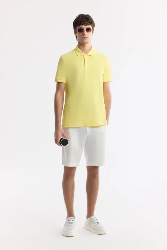 Erkek Sarı Kıvrılmaz Polo Yaka %100 Pamuk Basic Regular Fit T-Shirt B001032 - Sarı - 8
