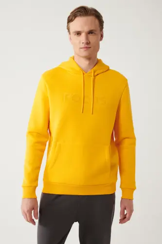 Erkek Sarı Şardonlu Kumaş Kapüşonlu Yaka Süzene Nakışlı Kanguru Cepli Sweatshirt A32Y1193-Sarı - 3