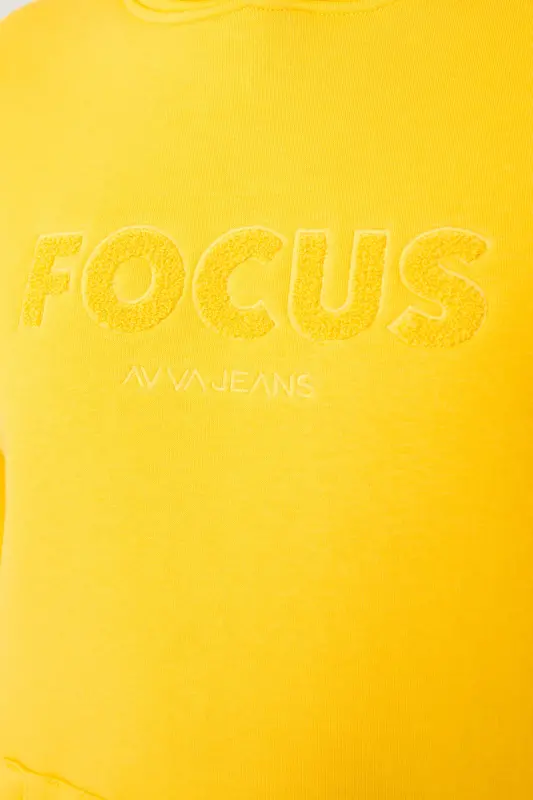 Erkek Sarı Şardonlu Kumaş Kapüşonlu Yaka Süzene Nakışlı Kanguru Cepli Sweatshirt A32Y1193-Sarı - 5