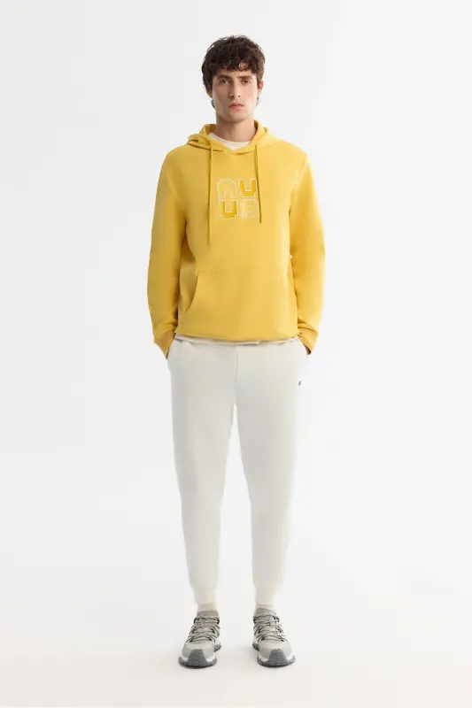 Erkek Sarı Kapüşonlu Pamuklu Baskılı Elastan Regular Fit Sweatshirt A42Y1324 - Sarı - 5