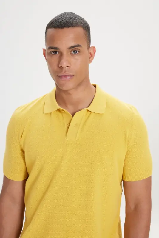 Erkek Sarı Standart Fit Normal Kesim Polo Yaka %100 Pamuk Desenli Kısa Kollu Triko Tişört-Sarı - 4