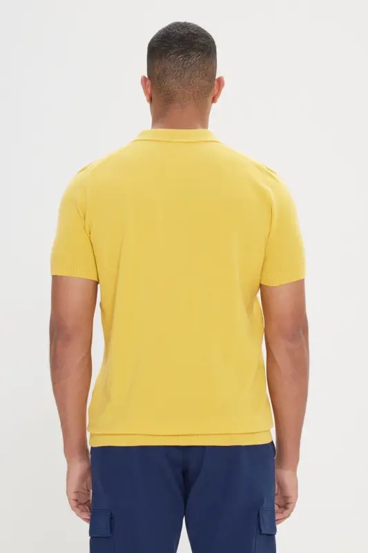 Erkek Sarı Standart Fit Normal Kesim Polo Yaka %100 Pamuk Desenli Kısa Kollu Triko Tişört-Sarı - 5