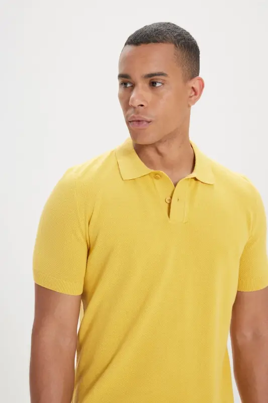 Erkek Sarı Standart Fit Normal Kesim Polo Yaka %100 Pamuk Desenli Kısa Kollu Triko Tişört-Sarı - 3