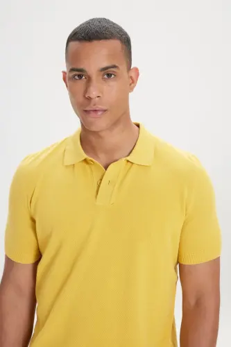 Erkek Sarı Standart Fit Normal Kesim Polo Yaka %100 Pamuk Desenli Kısa Kollu Triko Tişört-Sarı - 4