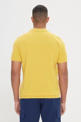 Erkek Sarı Standart Fit Normal Kesim Polo Yaka %100 Pamuk Desenli Kısa Kollu Triko Tişört-Sarı - 5