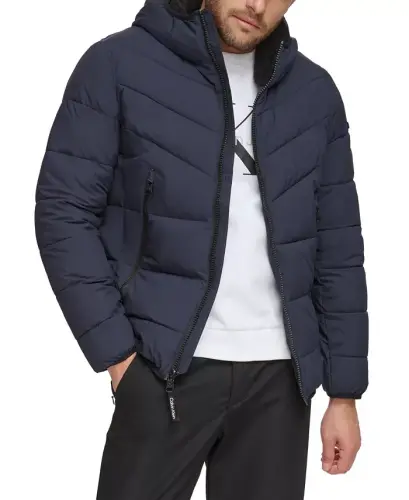 Men's Chevron Stretch Jacket With Sherpa Lined Hood - True Navy - 3