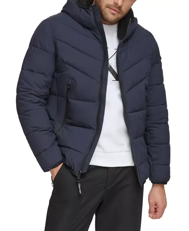 Men's Chevron Stretch Jacket With Sherpa Lined Hood - True Navy - 3