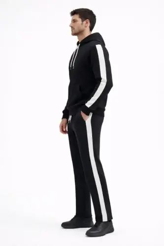 Erkek Şeritli Eşofman Takım Kapüşonlu Sweatshirt Boru Paça Alt, Oversize 3 Iplik Pamuklu - Siyah - BÜYÜKBEDENIZ (1)