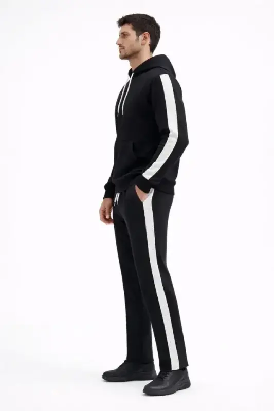Erkek Şeritli Eşofman Takım Kapüşonlu Sweatshirt Boru Paça Alt, Oversize 3 Iplik Pamuklu - Siyah - 2