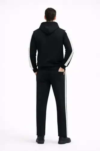 Erkek Şeritli Eşofman Takım Kapüşonlu Sweatshirt Boru Paça Alt, Oversize 3 Iplik Pamuklu - Siyah - 3