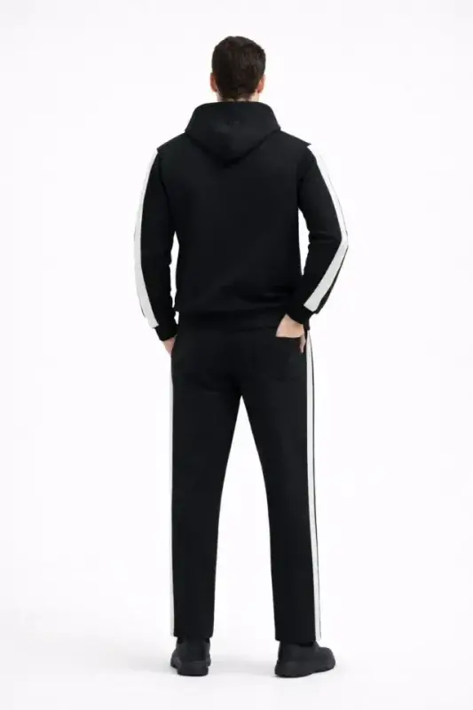 Erkek Şeritli Eşofman Takım Kapüşonlu Sweatshirt Boru Paça Alt, Oversize 3 Iplik Pamuklu - Siyah - 3