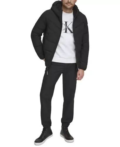 Men's Chevron Stretch Jacket With Sherpa Lined Hood - Ebony - 4