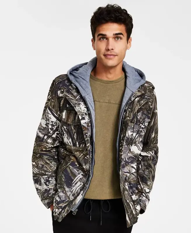 Men’s Sherpa Lined Two Pocket Hooded Trucker Jacket - Real Tree Print - 1