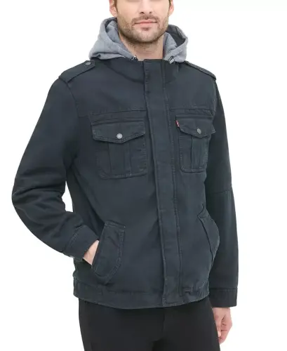 Men’s Sherpa Lined Two Pocket Hooded Trucker Jacket - Navy - 4