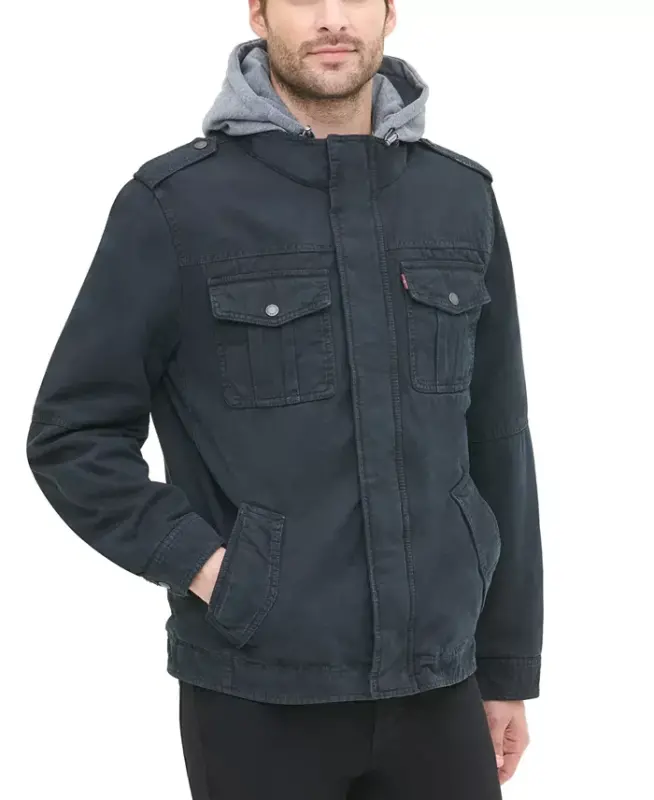 Men’s Sherpa Lined Two Pocket Hooded Trucker Jacket - Navy - 4