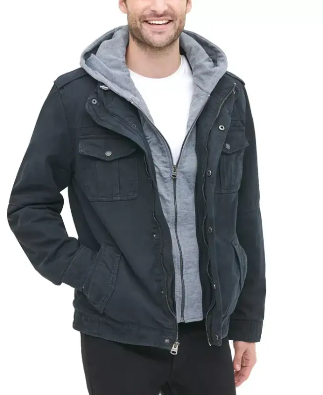 Men’s Sherpa Lined Two Pocket Hooded Trucker Jacket - Navy - 5