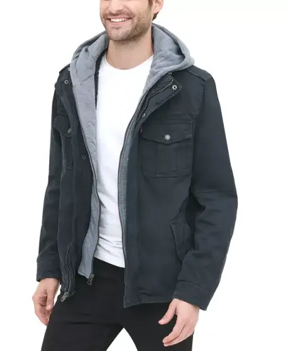 Men’s Sherpa Lined Two Pocket Hooded Trucker Jacket - Navy - 6