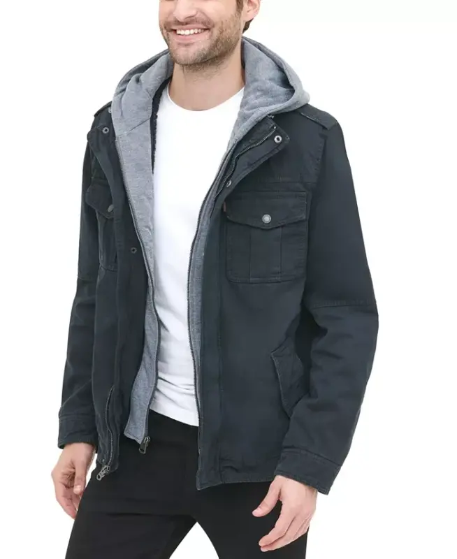 Men’s Sherpa Lined Two Pocket Hooded Trucker Jacket - Navy - 6