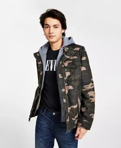 Men’s Sherpa Lined Two Pocket Hooded Trucker Jacket-Olive Camo - 1