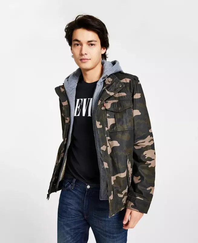 Men’s Sherpa Lined Two Pocket Hooded Trucker Jacket - Olive Camo - 1