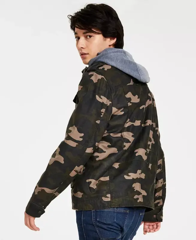 Men's Two Pocket Hooded Trucker Jacket - Olive Camo - 2