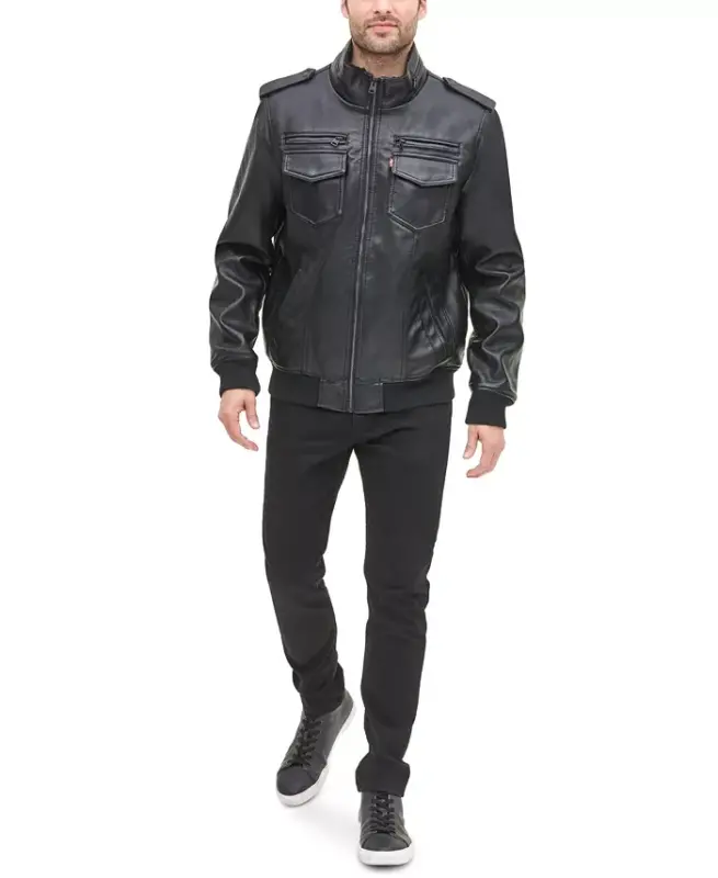 Men's Sherpa Lined Faux Leather Aviator Bomber - 1