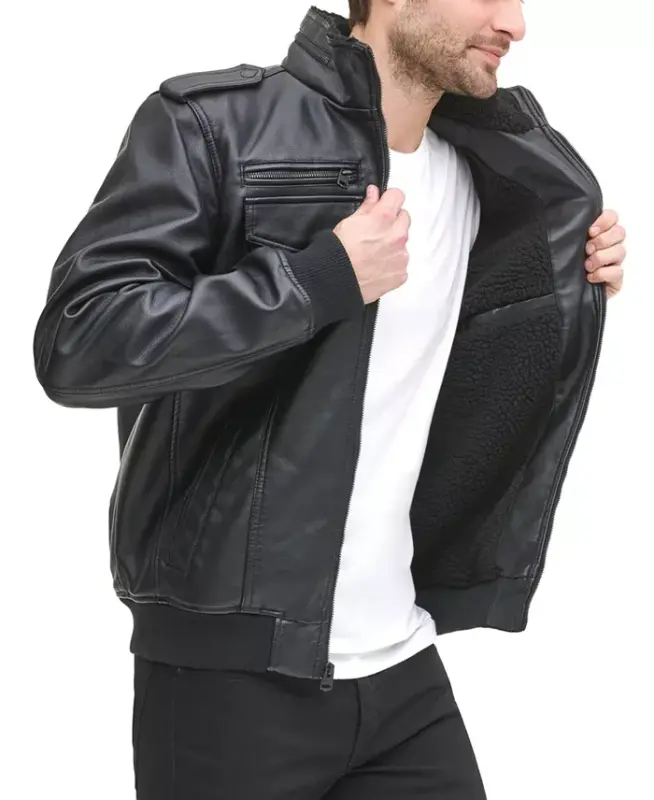 Men's Sherpa Lined Faux Leather Aviator Bomber - 3