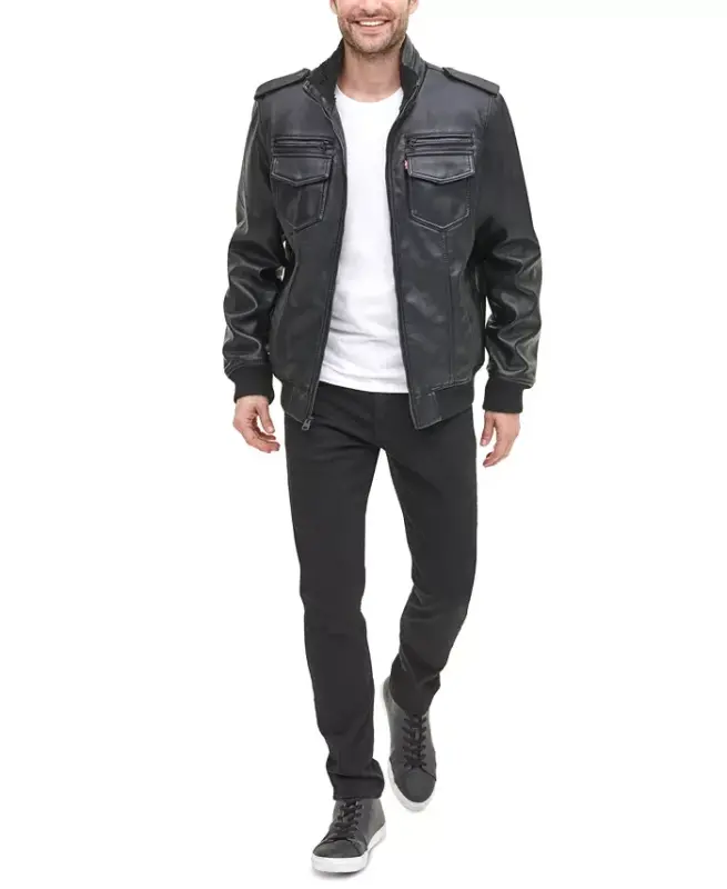 Men's Sherpa Lined Faux Leather Aviator Bomber - 4