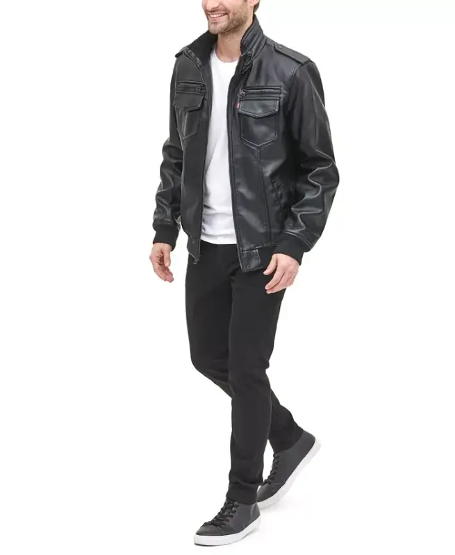 Men's Sherpa Lined Faux Leather Aviator Bomber - 5