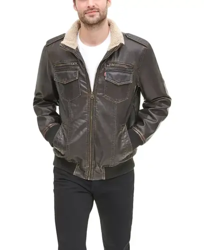 Men's Sherpa Lined Faux Leather Aviator Bomber 