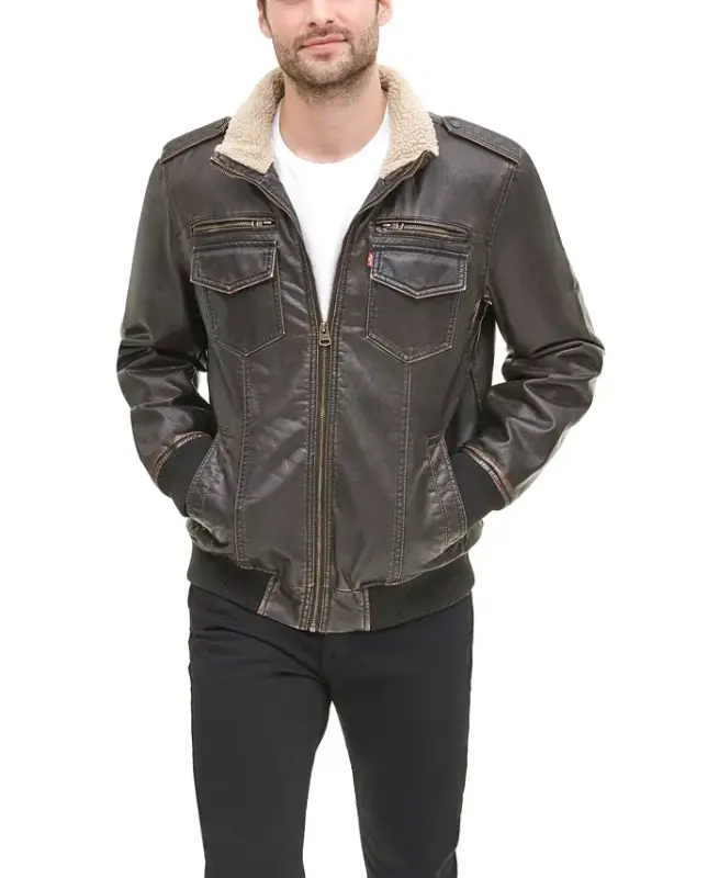 Men's Sherpa Lined Faux Leather Aviator Bomber - 1