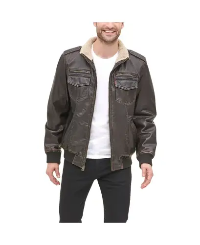 Men's Sherpa Lined Faux Leather Aviator Bomber - 4