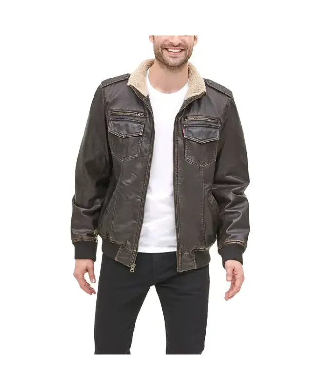 Men's Sherpa Lined Faux Leather Aviator Bomber - 4