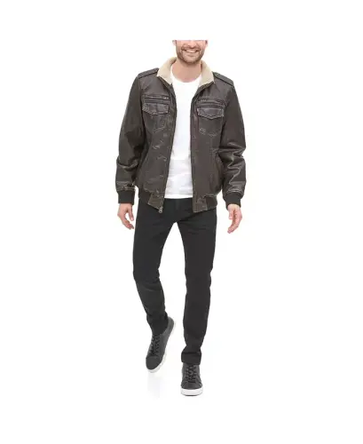 Men's Sherpa Lined Faux Leather Aviator Bomber - 5