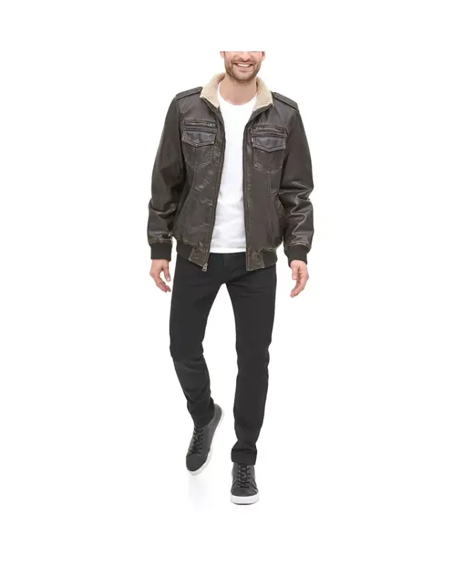 Men's Sherpa Lined Faux Leather Aviator Bomber - 5