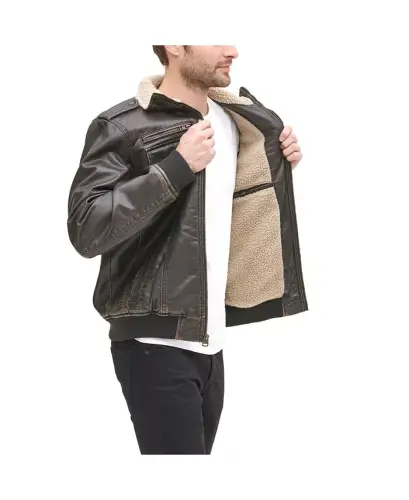 Men's Sherpa Lined Faux Leather Aviator Bomber - 6