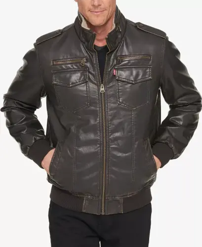 Men's Sherpa Lined Faux Leather Aviator Bomber - 7